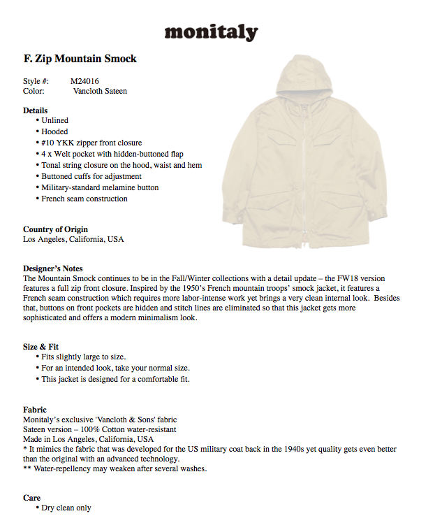MONITALY FW18 SPEC SHEETS